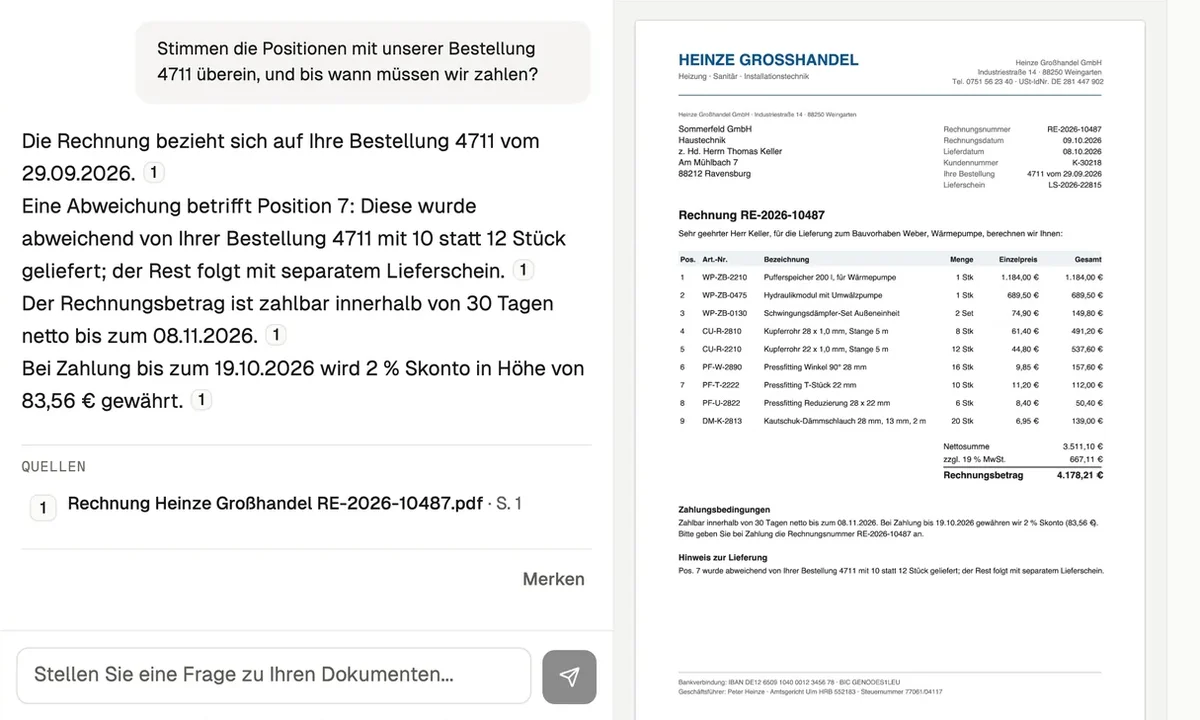 Dokument-Chat von Datenmassiv AI: Auf die Frage, ob eine Lieferantenrechnung zur Bestellung passt und bis wann sie zu zahlen ist, nennt die Antwort die abweichende Position, das Zahlungsziel und die Rechnung als Quelle.